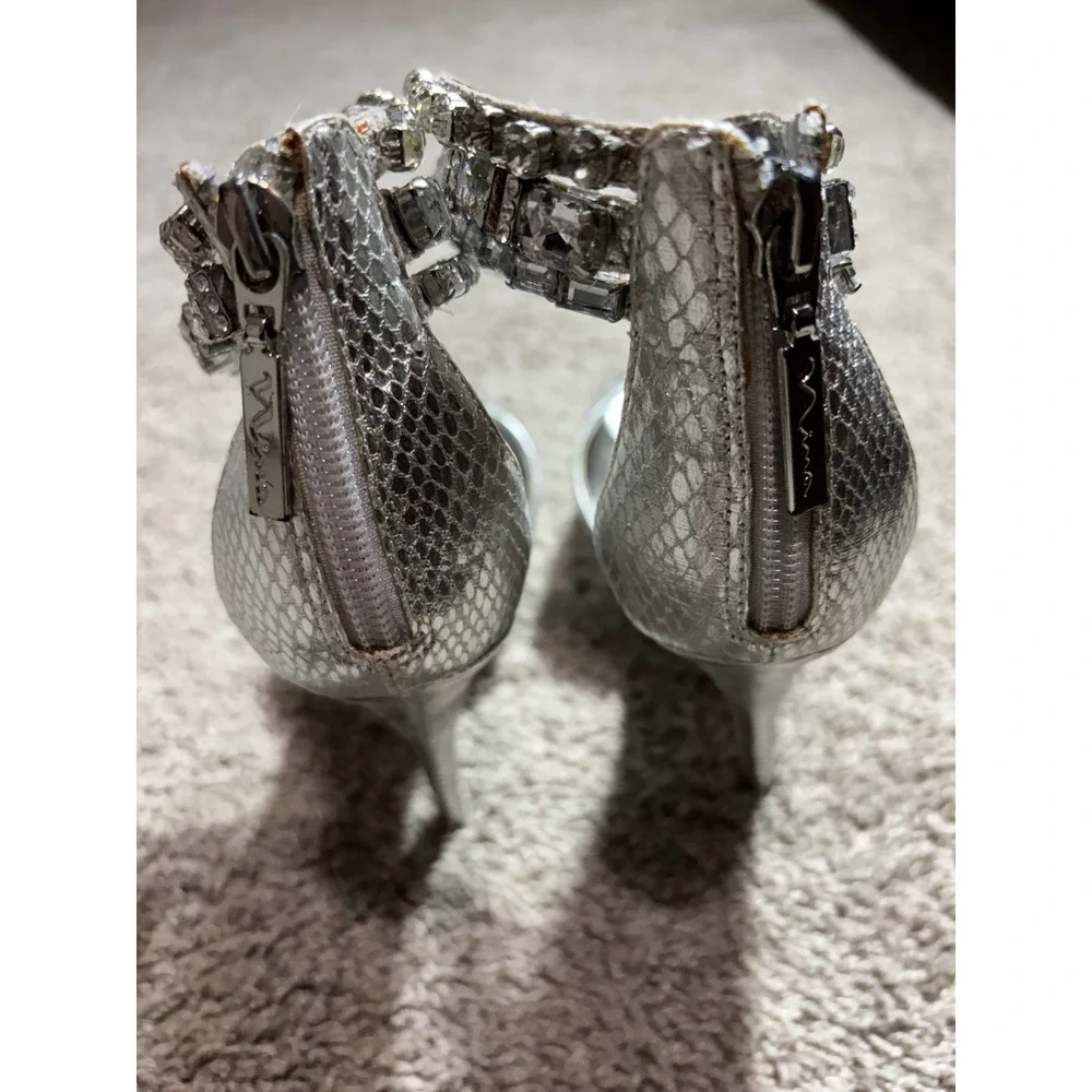Nina New York Stevi-YY Silver Snakeskin Crystal Ankle Strap Peep Toe Heels